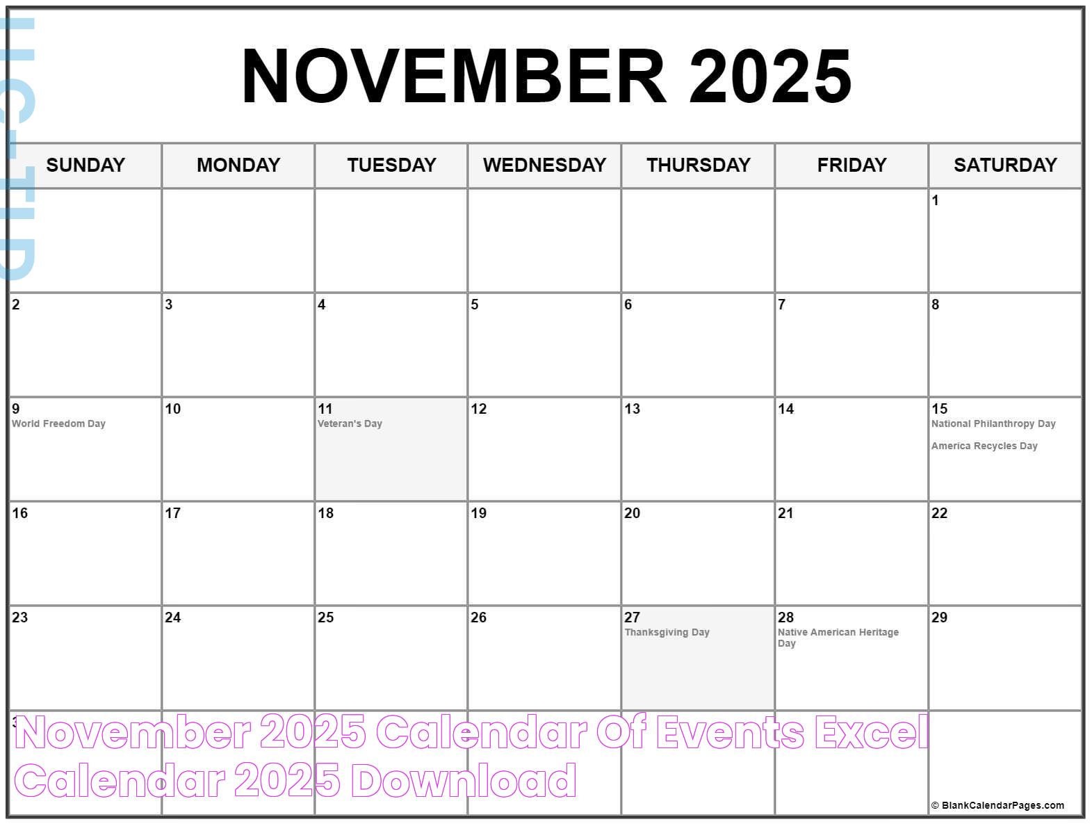 November 2025 Calendar Of Events Excel Calendar 2025 Download