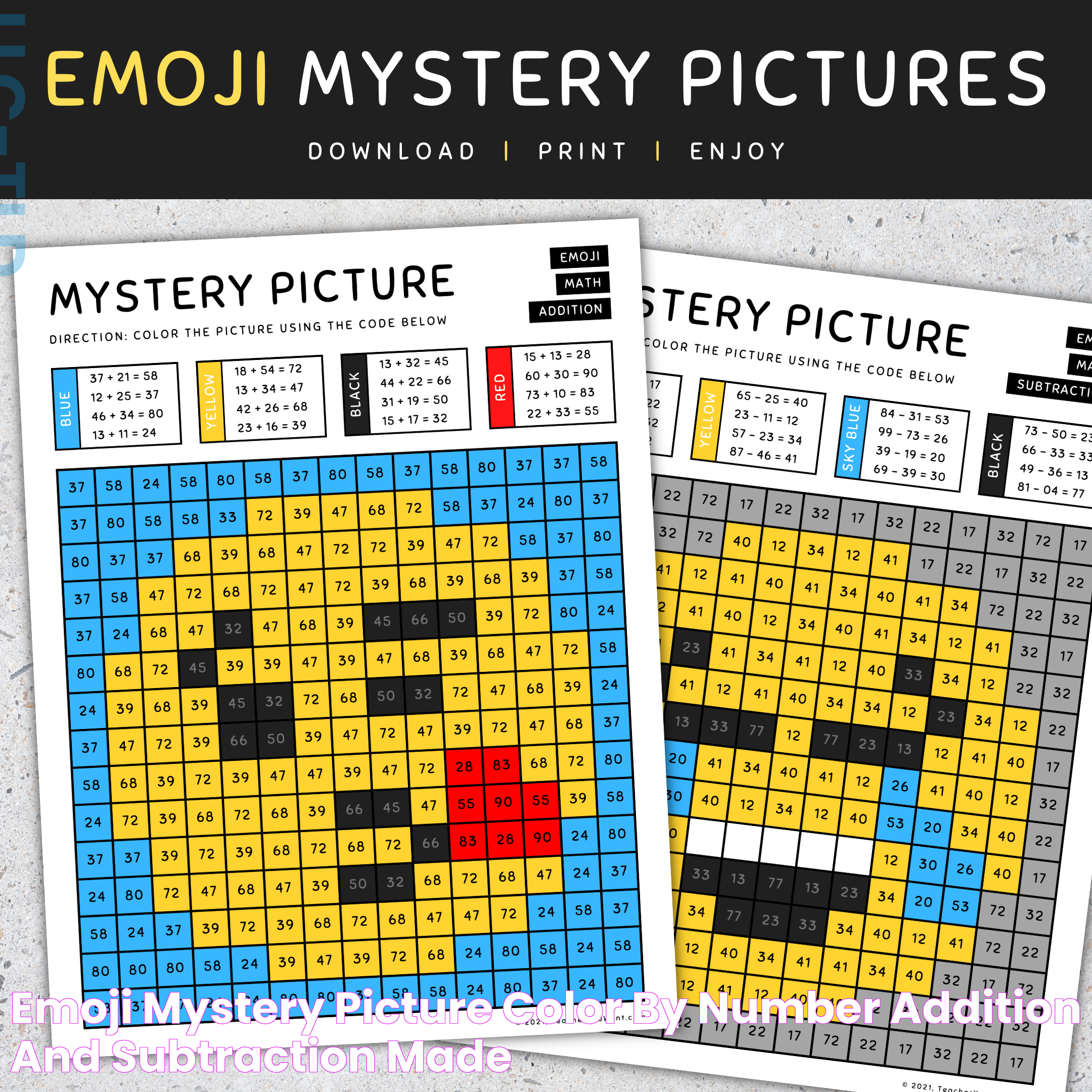 Emoji Mystery Picture Color By Number, Addition and Subtraction Made