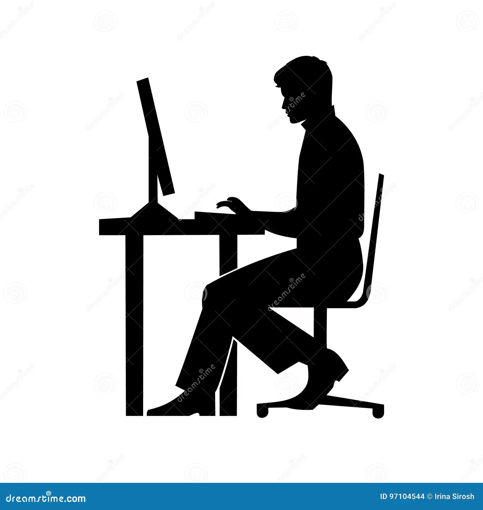 Black Silhouette of a Man Sitting Behind a Computer Icon Stock