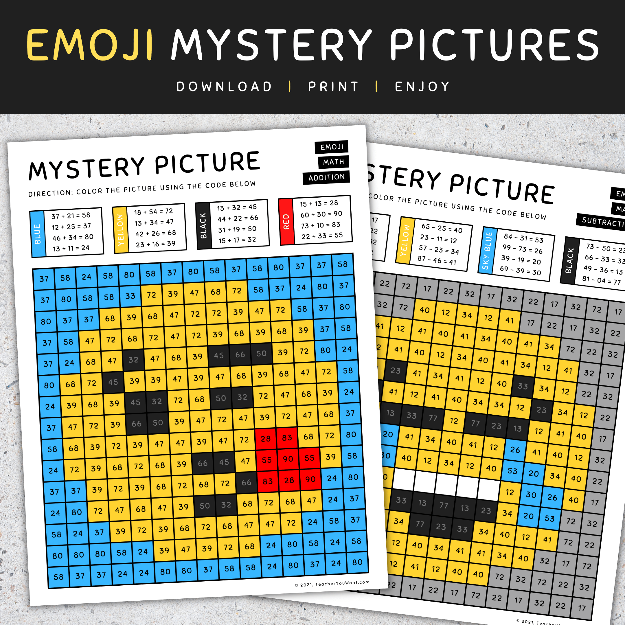 Emoji Mystery Picture Color By Number, Addition and Subtraction Made