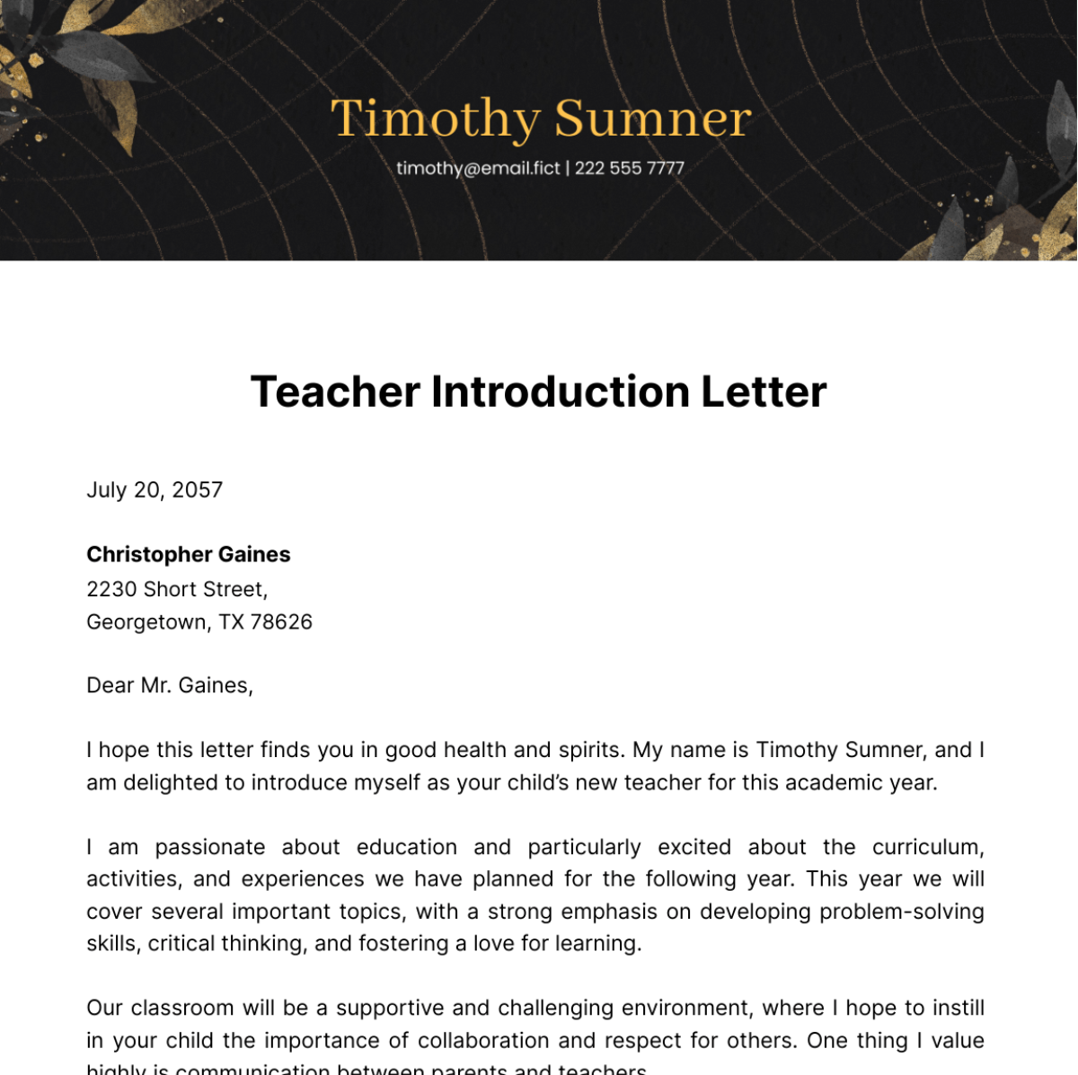 Letter Of Introduction Teacher Template prntbl