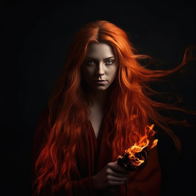 Premium AI Image Wild Ember the Fiery Tresses of the Untamed Witch