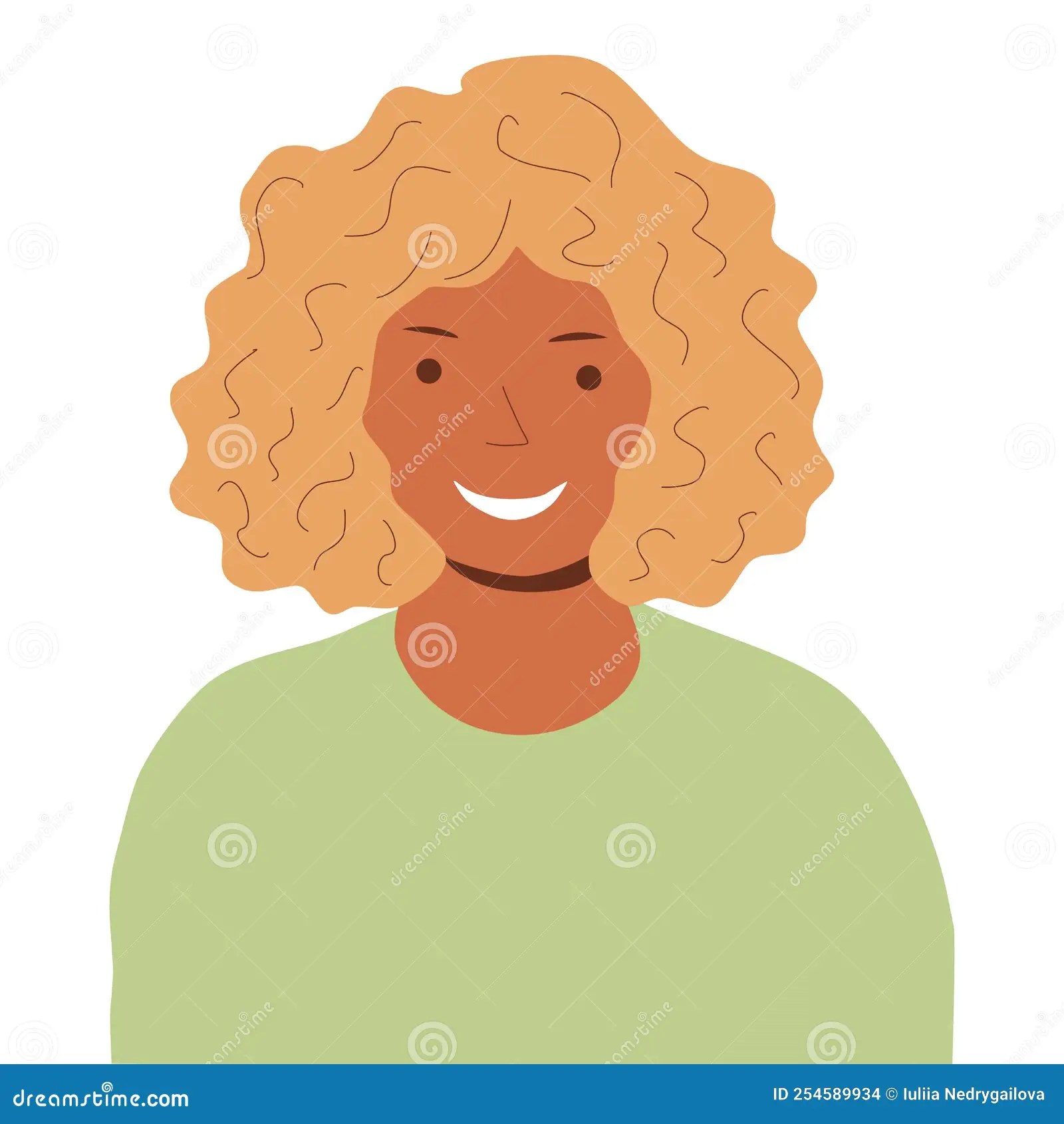 Young Smiling Girl with Curly Hair and Brown Skin Type, Flat Vector