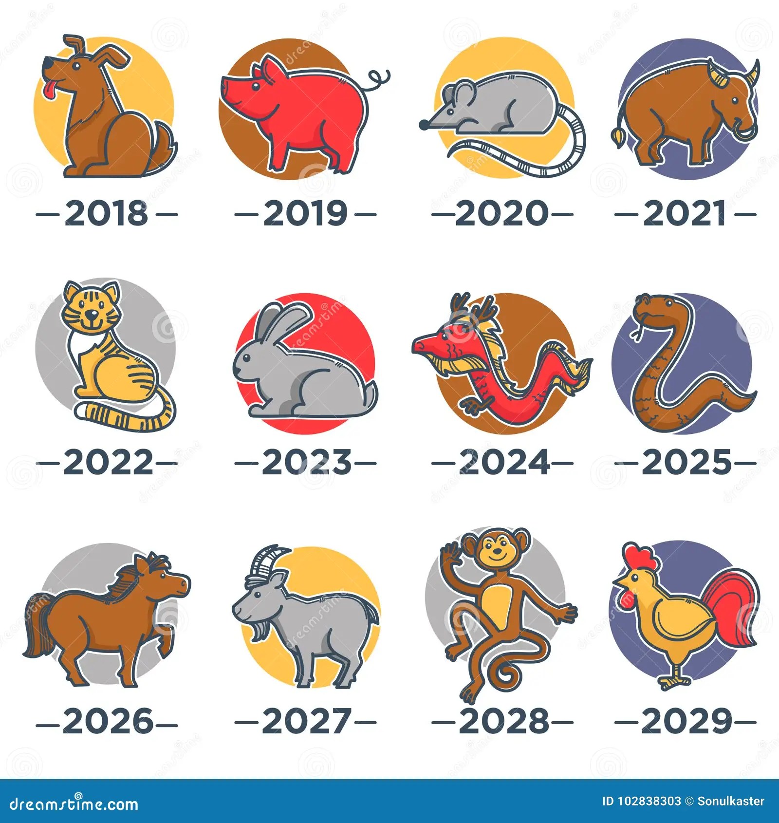 Animals that Symbolize Years from Chinese Horoscope Calendar Stock