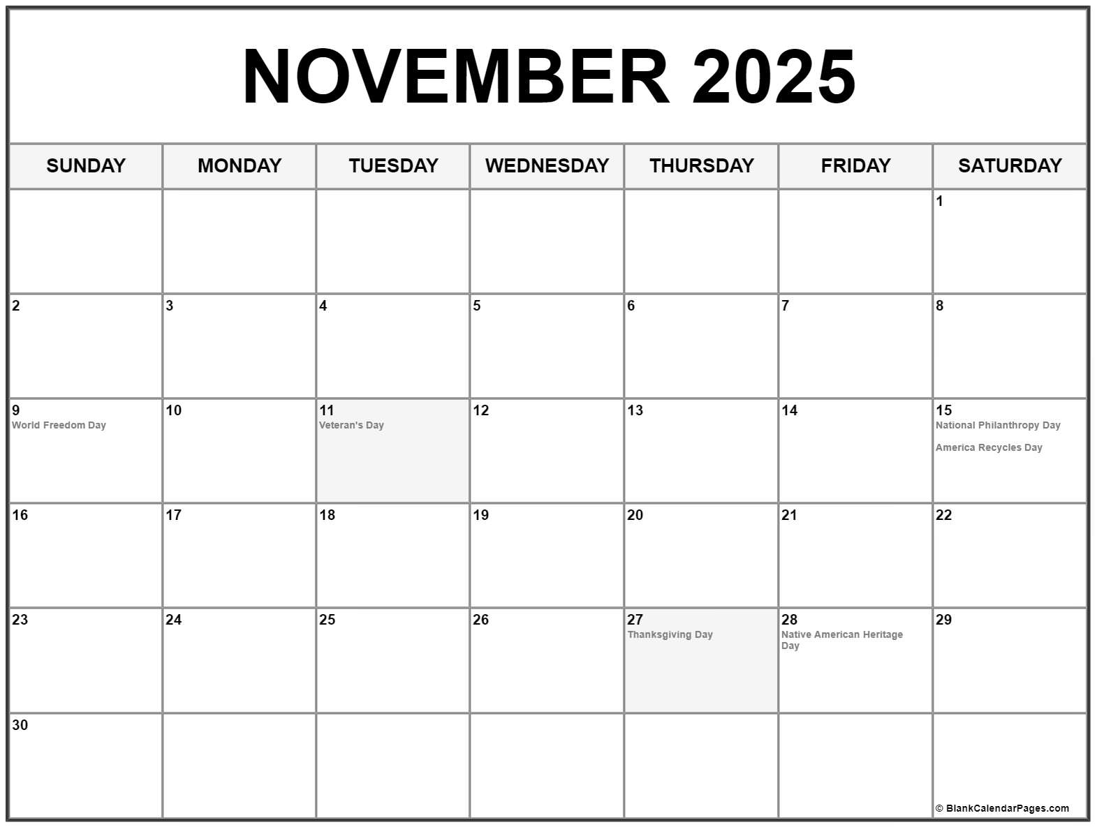 November 2025 Calendar Of National Days Design Printable Calendar 2025