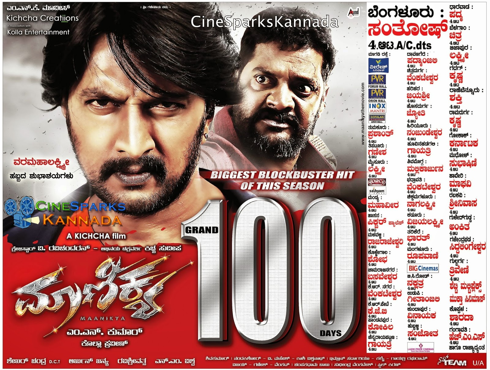 Maanikya Kannada Movie 100 Days Theaters List CineSparksKannada