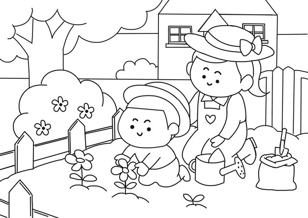 Premium Vector Kid and his mom plant on the garden coloring book